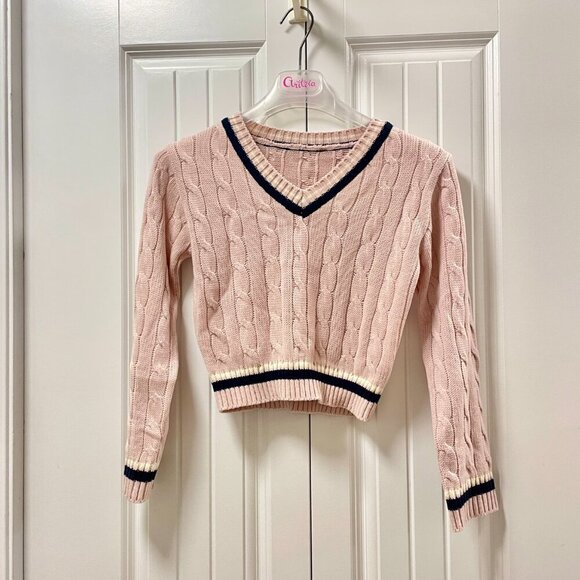 Cropped Cable Knit V-Neck Sweater Pink Navy - XS - Picture 5 of 12